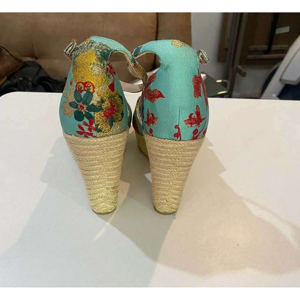 Chinese Laundry Aqua‎ Blue Floral Brocade Espadrille Wedge Sandals Womens 9.5M